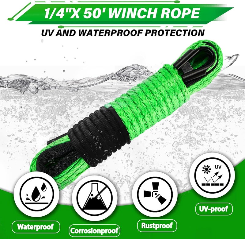 TYT Synthetic Winch Rope Kit - 1/4'' x 50' with 10000 lbs Strength, Protective Sleeve, Heavy Duty Hook, Rubber Stopper, & Safety Pull Strap for Off-Road 4x4 Vehicles (Green) (JPS1450OG) - Image 2